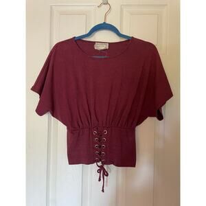 Skonhet Women Shirt Tie front corset crop Sz M burgundy Short Sleeve Top casual.